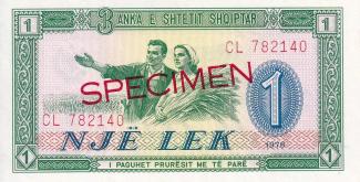 Albania 1 Lekë, 1964-1976 - Red overprint SPECIMEN with normal serial number obverse