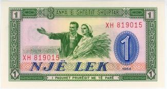 Albania 1 Lekë, 1964-1976 - Issued note; watermark, curved and repeated BSHSH obverse