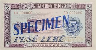 Albania 5 Lekë, 1964-1976 - Specimen; overprint MODEL or SPECIMEN obverse