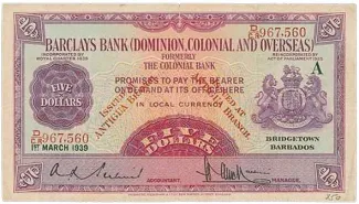 Antigua and Barbuda 5 Dollars, 1937-1940