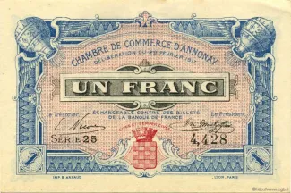 French notgeld 1 Franc, 1921 image