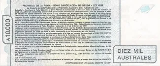 Argentine provinces 10.000 Australes, 1989 reverse