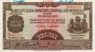 Barbados 20 Dollars, 1949 image