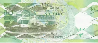 Barbados 5 Dollars, 2013-2018 reverse