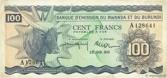 Belgian Congo, Rwanda and Urundi 100 Francs, 1962 image