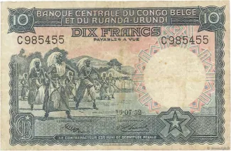 Belgian Congo, Rwanda and Urundi 10 Francs, 1952