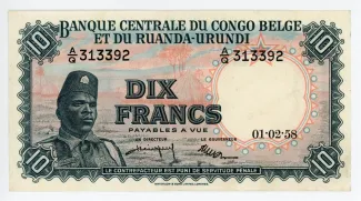 Belgian Congo, Rwanda and Urundi 10 Francs, 1955-1959