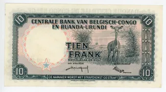 Belgian Congo, Rwanda and Urundi 10 Francs, 1955-1959 reverse