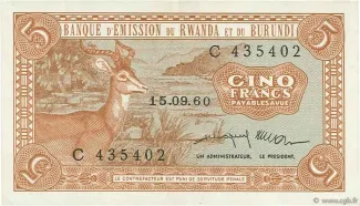 Belgian Congo, Rwanda and Urundi 5 Francs, 1963 image