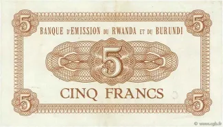 Belgian Congo, Rwanda and Urundi 5 Francs, 1960-1963 reverse