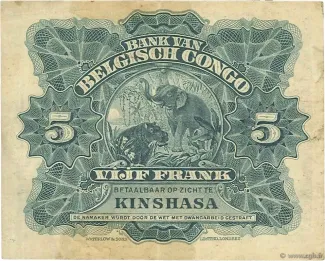 Belgian Congo 5 Francs, 1914-1924 reverse