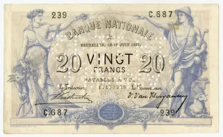 Belgium 20 Francs, 1892 image
