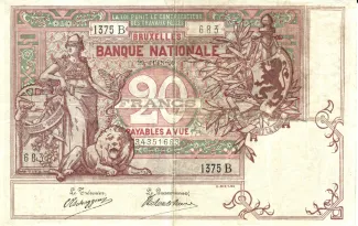 Belgium 20 Francs, 1909 image