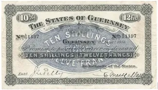 Guernsey 10 Shillings / 12 Francs, 1914 obverse