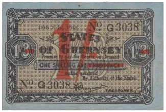 Guernsey 1 Shilling on 1 Shilling 3 Pence, 1942 obverse