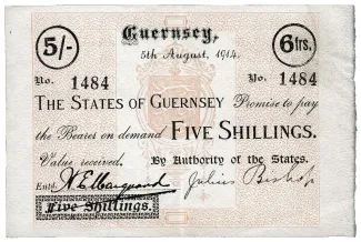 Guernsey 5 Shillings / 6 Francs, 1914 obverse