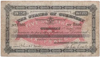 Guernsey 5 Shillings / 6 Francs, 1914 obverse