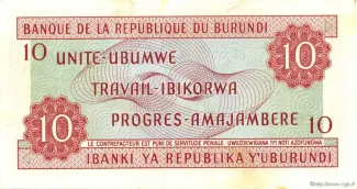 Burundi 10 Francs, 1968-1970 reverse