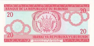 Burundi 20 Francs, 1977-2007 reverse