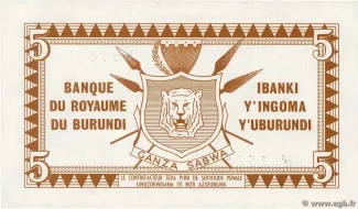 Burundi 5 Francs, 1964-1965 reverse