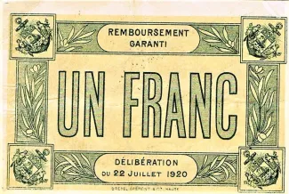 French notgeld 1 Franc, 1920 reverse