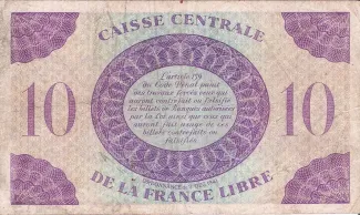 Central African States 10 Francs, 1943-1944 reverse