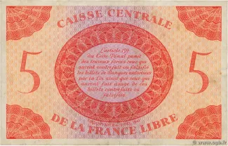 Central African States 5 Francs, 1941-1944 reverse