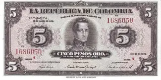 Colombia 5 Pesos Oro, 1938 image