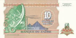Zaire 10 Nouveaux Makuta, 1993 reverse