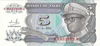 Zaire 5 Nouveaux Makuta, 1993 obverse