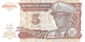 Zaire 5 Nouveaux Zaïres, 1993 obverse