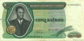 Republic of the Congo (Léopoldville) 5 Zaires, 1971 obverse