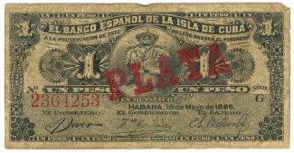 Cuba 1 Peso, 1896 - P# 47b - Red overprint: PLATA across face. obverse