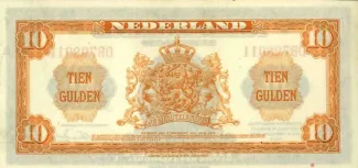 Dutch Caribbean 10 Gulden - Wilhelmina "facing left", 1943 reverse