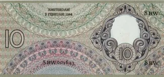 Dutch Caribbean 10 Gulden, 1943-1944 reverse