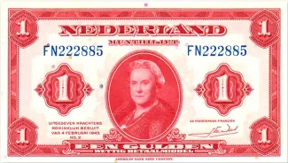 Dutch Caribbean 1 Gulden - Wilhelmina "facing left", 1943 obverse