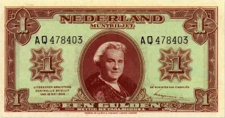 Dutch Caribbean 1 Gulden - Wilhelmina "facing right", 1945 obverse