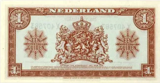 Dutch Caribbean 1 Gulden - Wilhelmina "facing right", 1945 reverse