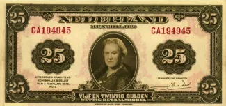 Dutch Caribbean 25 Gulden - Wilhelmina "facing left", 1943 obverse