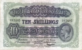 East Africa 10 Shillings, 1921 obverse