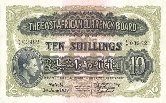 East Africa 10 Shillings, 1939 obverse