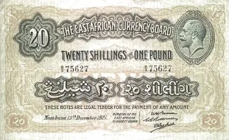 East Africa 20 Shillings, 1921 obverse