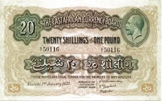 East Africa 20 Shillings, 1933 obverse