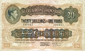 East Africa 20 Shillings, 1939 obverse