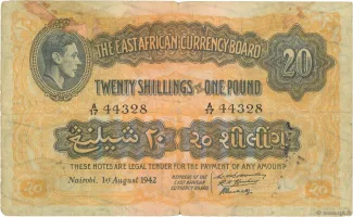 East Africa 20 Shillings, 1942 obverse