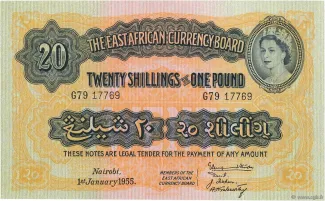 East Africa 20 Shillings, 1953-1956 obverse
