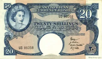 East Africa 20 Shillings, 1958-1960 obverse