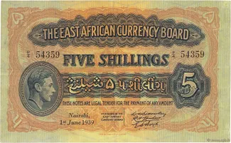 East Africa 5 Shillings, 1939 obverse
