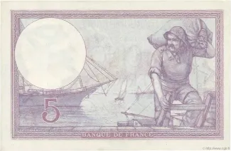 France 5 Francs, 1917-1933 (1905-1933) reverse