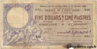 French Indochina 5 Dollars / 5 Piastres, 1897-1900 obverse
